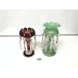 A RUBY AND CLEAR GLASS LUSTRE, AND A GREEN GLASS LUSTRE