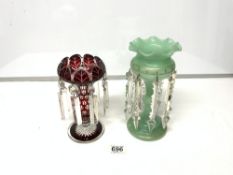 A RUBY AND CLEAR GLASS LUSTRE, AND A GREEN GLASS LUSTRE