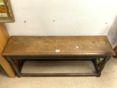 ANTIQUE OAK CARVED LONG JOINT STOOL, ON TURNED LEGS, 118 X 52CMS