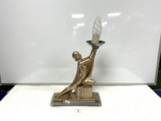 ART DECO PLASTER/CHALK FIGURE OF A LADY LAMP ON A CHROME BASE BEARING MONOGRAM LC RD 817178 243 BY G