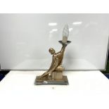 ART DECO PLASTER/CHALK FIGURE OF A LADY LAMP ON A CHROME BASE BEARING MONOGRAM LC RD 817178 243 BY G