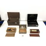 A SILVER-PLATED WMF CIGARETTE BOX, CARVED OAK GLOVE BOX, LACQUERED BOX, A SET OF DOMINO'S AND