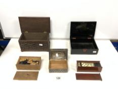 A SILVER-PLATED WMF CIGARETTE BOX, CARVED OAK GLOVE BOX, LACQUERED BOX, A SET OF DOMINO'S AND