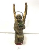 ANTIQUE GILT WOODEN FIGURE OF AN ANGEL HOLDING A STAND, 56CMS