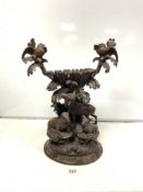 19TH CENTURY CARVED BLACK FOREST CENTRE PIECE WITH STAG, DEER AND BIRDS IN ATTENDANCE, CARVED ACORNS