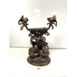 19TH CENTURY CARVED BLACK FOREST CENTRE PIECE WITH STAG, DEER AND BIRDS IN ATTENDANCE, CARVED ACORNS