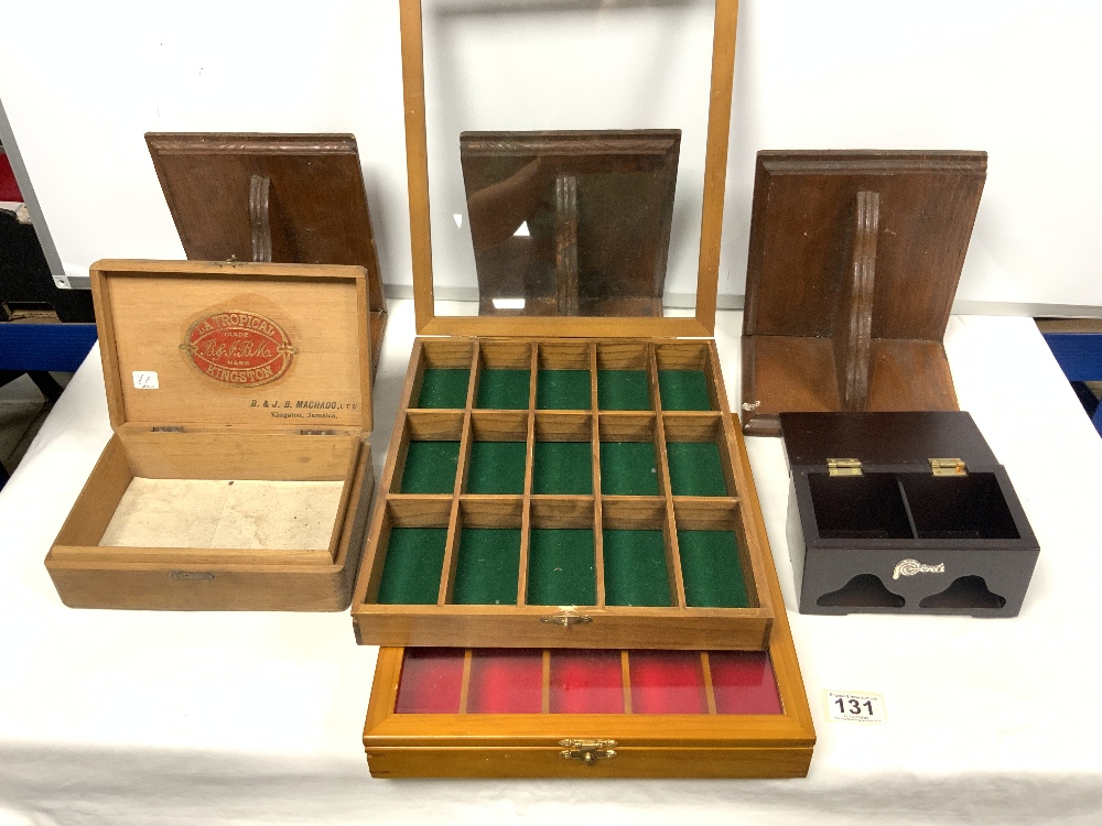 TWO GLAZED COLLECTORS CABINETS, A SET OF THREE OAK WALL BRACKETS, AND TWO JEWELLERY BOXES - Image 3 of 4