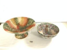 AMBERLEY SUSSEX POTTERY SPONGE WARE FOOTED BOWL, 36 X 17CMS, AND A MODERN CHINESE BOWL
