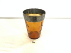 AMBER GLASS VASE WITH AN ENGRAVED SILVERED RIM, 20CMS