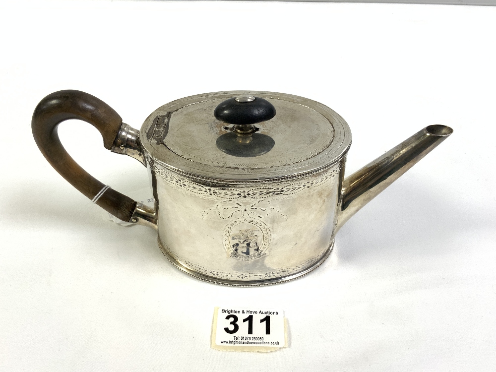 GEORGE III HALLMARKED SILVER ENGRAVED OVAL TEA POT - MARKS RUBBED, 387 GRAMS - Image 3 of 5