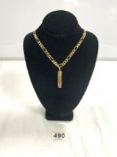 A 750 ITALY STAMPED GOLD KERB LINK CHAIN WITH A PENDANT WITH EGYPTIAN HIEROGLYPHICS DETAILING -