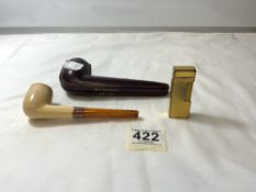 CASED MEERSCHAUM PIPE REAL AMBER AND 9CT GOLD BAND WITH A DUNHILL LIGHTER