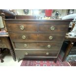 REGENCY MAHOGANY FIVE DRAWER CHEST OF DRAWERS WITH BRASS RING HANDLES ON SPLAY FEET, 107 X 52 X