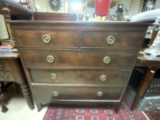REGENCY MAHOGANY FIVE DRAWER CHEST OF DRAWERS WITH BRASS RING HANDLES ON SPLAY FEET, 107 X 52 X