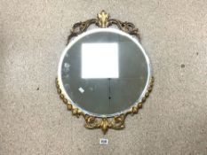 LARGE CIRCULAR BEVELLED MIRROR WITH DECORATIVE GILDING EDGING, 70 X 53CMS