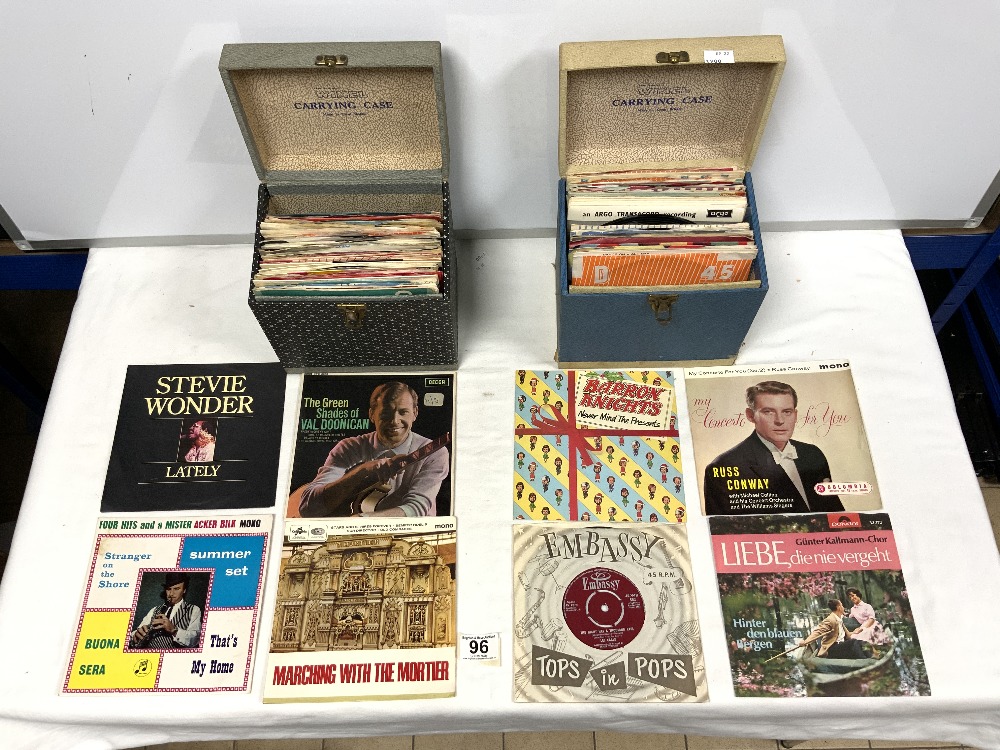 TWO RECORD BOXES CONTAINING 45RPM RECORDS - ELVIS PRESLEY, BILLY FURY, SHIRLEY BASSEY AMD MANY MORE