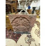 18TH CENTURY CARVED RED STONE ON BASE, 82 X 88CMS