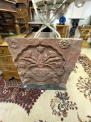 18TH CENTURY CARVED RED STONE ON BASE, 82 X 88CMS