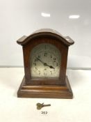 LATE VICTORIAN OAK MANTLE CLOCK WITH SILVERED DIAL, CHAIN DRIVEN MOVEMENT, WITH KEY AND PENDULUM