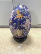 LARGE 20TH CENTURY CLOISONNE EGG ORNAMENT ON STAND, 56CMS APPROX
