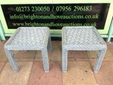 A PAIR OF CANE RETRO TWO-TIER CONSERVATORY TABLES, 53 X 52CMS