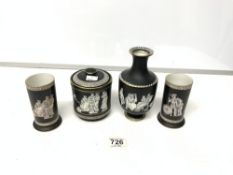 FOUR FENTON - OLD GREEK PATTERN PR SPILL VASES, SINGLE VASE AND POT WITH COVER