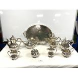 TWO SILVER-PLATED FOUR PIECE TEA AND COFFEE SETS, WITH SILVER-PLATED GALLERY DRINKS TRAY