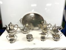 TWO SILVER-PLATED FOUR PIECE TEA AND COFFEE SETS, WITH SILVER-PLATED GALLERY DRINKS TRAY