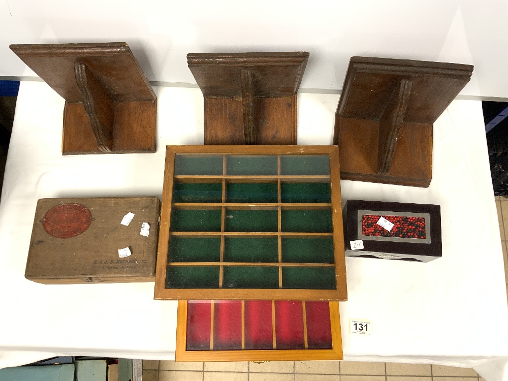 TWO GLAZED COLLECTORS CABINETS, A SET OF THREE OAK WALL BRACKETS, AND TWO JEWELLERY BOXES - Image 2 of 4