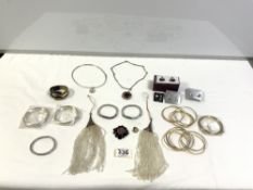 QUANTITY COSTUME JEWELLERY, BANGLES, PENDANT ON CHAIN, EARRINGS AND A PAIR OF SILVER CUFF LINKS IN A
