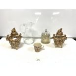 PAIR OF LATE 19TH CENTURY SATSUMA LIDDED VASES (A/F), 23CMS, GLASS WATER JUG, GLASS JAR AND COVER