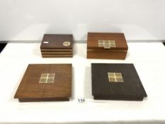 FOUR MID-CENTURY ROSENTHAL TRINKET BOXES MADE FROM OAK AND TEAK, ONE WITH A CIRCULAR PLAQUE BJORN