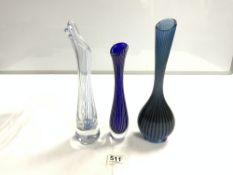 TWO 1950'S/60'S KOSTA GLASS ORCHID VASES, DESIGN VICKE LINDSTARND, 32 CMS TALLEST, AND ANOTHER