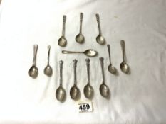 ELEVEN HALLMARKED SILVER TEASPOONS - VARIOUS AND SIX-PLATED CONDIMENT SPOONS, 153 GRAMS