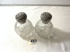 PAIR OF VICTORIAN HALLMARKED SILVER TOPPED HOBNAIL CUT GLOBULAR SCENT BOTTLES