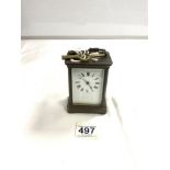 A FRENCH BRASS CARRIAGE CLOCK WITH KEY