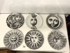 SET OF FOUR FORNASETTI SUN PLATES, AND TWO OTHER FORNASETTI PLATES