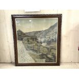 ORIENTAL PICTURE ON SILK OF HOUSES ON THE SIDE OF A MOUNTAIN, 60 X 69CMS