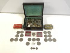 THREE AMERICAN FIVE-CENT COINS, QUANTITY OF OTHER COINS, IN A VICTORIAN ROSEWOOD BOX