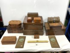 VICTORIAN ROSEWOOD BOX, PARQUETRY INLAID BOX AND A QUANTITY OF OTHER BOXES, A RULER, AND CHARTS