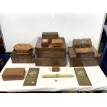 VICTORIAN ROSEWOOD BOX, PARQUETRY INLAID BOX AND A QUANTITY OF OTHER BOXES, A RULER, AND CHARTS