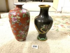 VICTORIAN CERAMIC BLOSSOM PATTERN VASE, 28CMS, AND A 20TH CENTURY CLOISONNE VASE, 27CMS