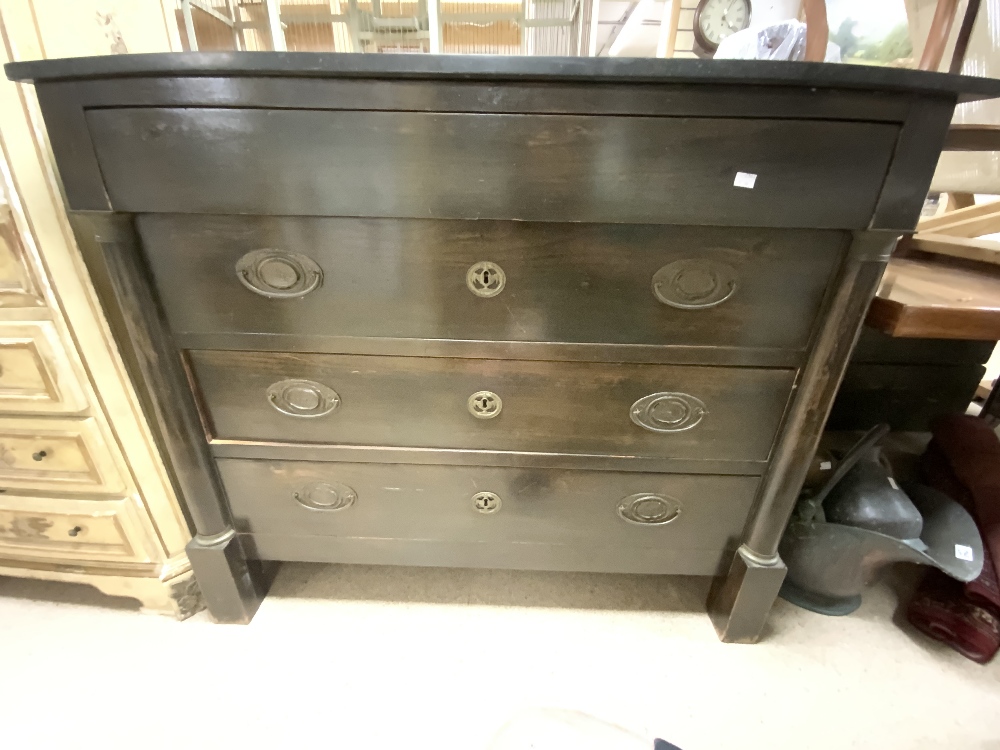 LATE 19TH CENTURY FRENCH MARBLE TOP COMMODE CHEST WITH EMPIRE COLUMN DETAILING, 123 X 60 X 102CMS