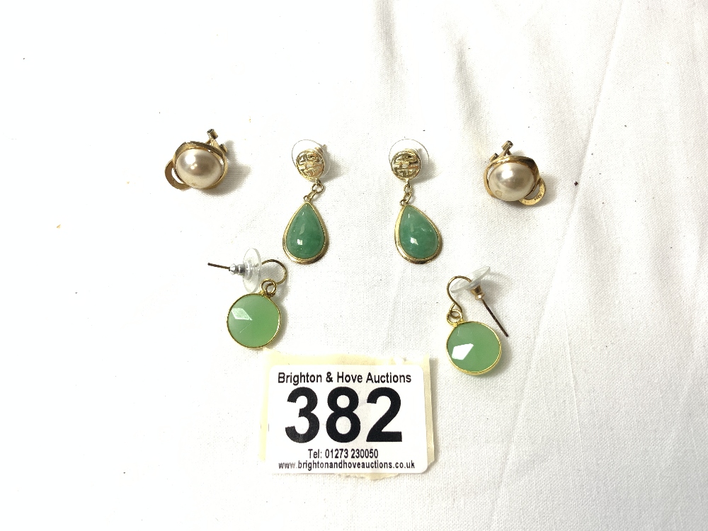 YELLOW METAL WITH STONES AND PEARL EARRINGS, THREE PAIRS