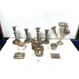 PLATED BRANCH EPERGNE, A PAIR OF PLATED CANDLESTICKS, PLATED TEA CADDY, AND OTHER PLATED WARES