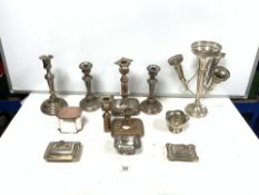 PLATED BRANCH EPERGNE, A PAIR OF PLATED CANDLESTICKS, PLATED TEA CADDY, AND OTHER PLATED WARES