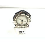 HALLMARKED SILVER EMBOSSED CHILDS BEDSIDE CLOCK, TEDDY BEAR DETAIL, QUARTZ MOVEMENT, CARRS OF