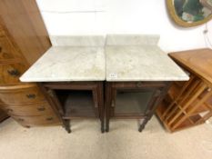 PAIR OF BEDSIDE CUPBOARDS WITH DRAWER AND MARBLE TOPS (MISSING ONE GLASS PIECE), 99CMS