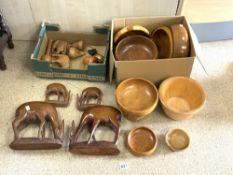 NINE 1960'S WOODEN FRUIT BOWLS, WOODEN FRUIT, AND ANIMALS