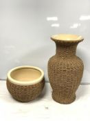 A WICKER COVERED CERAMIC VASE, 52 CMS AND A MATCHING JARDINIERE